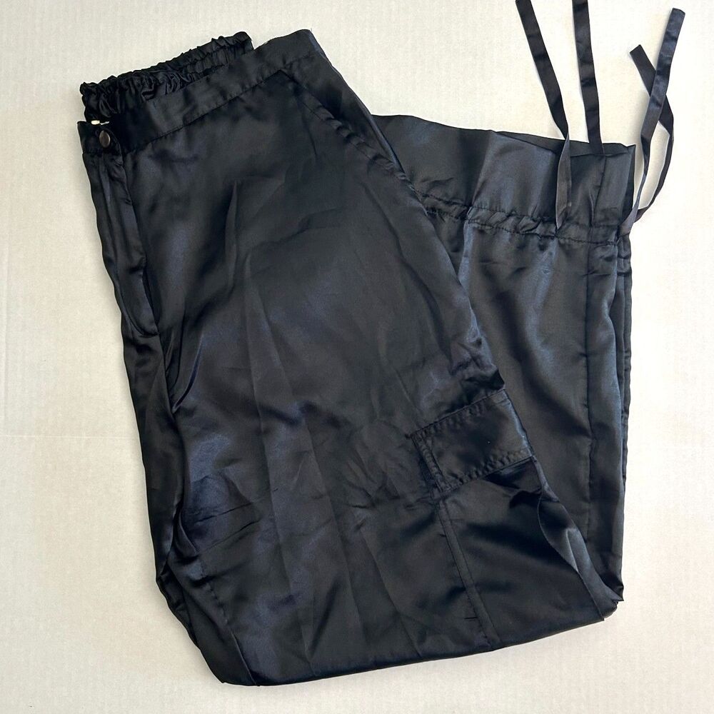 VTG 80s, Selene Sport, Black Satin Cargo Pants, Cinched ankle, sz L, Streetwear - Picture 4 of 6